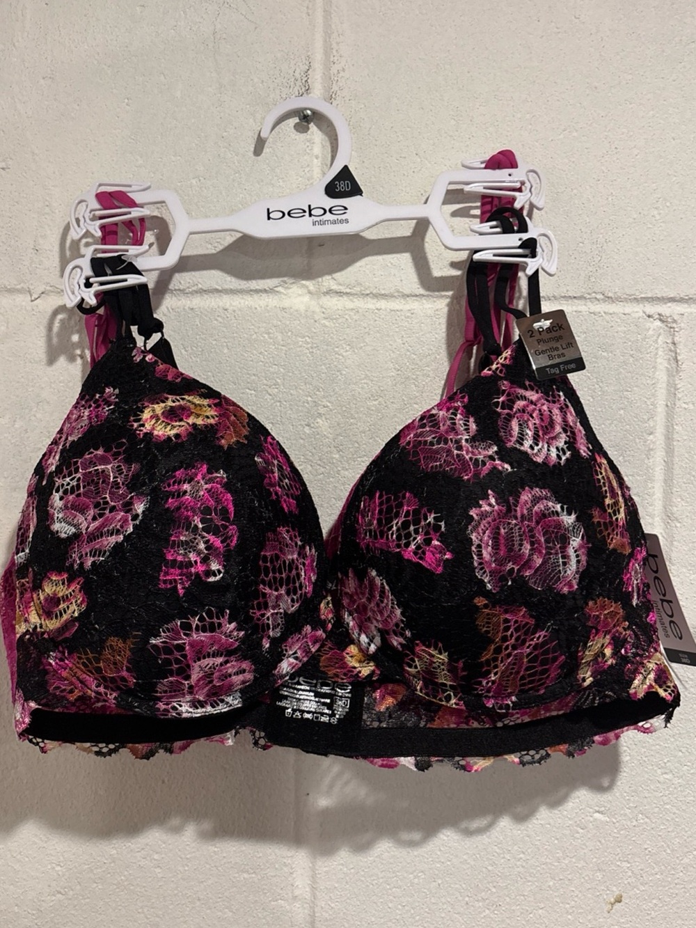 Bebe 2 Pack bra 38 DD black pink floral lace underwire gentle lift plunge